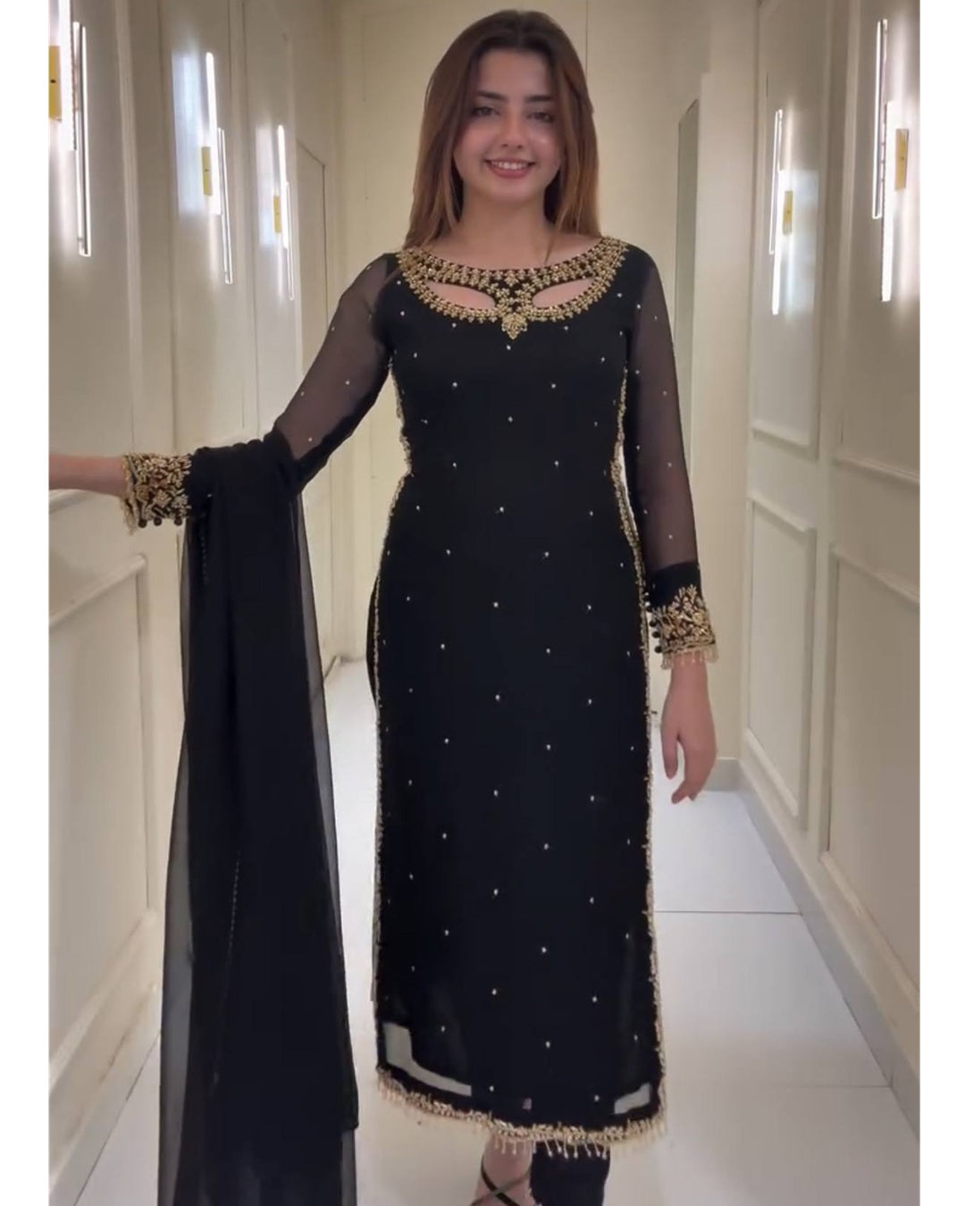 Designer Black Suit with Pearl & Embroidery Work | Elegant Party Wear