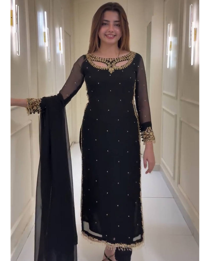Designer Black Suit with Pearl & Embroidery Work | Elegant Party Wear