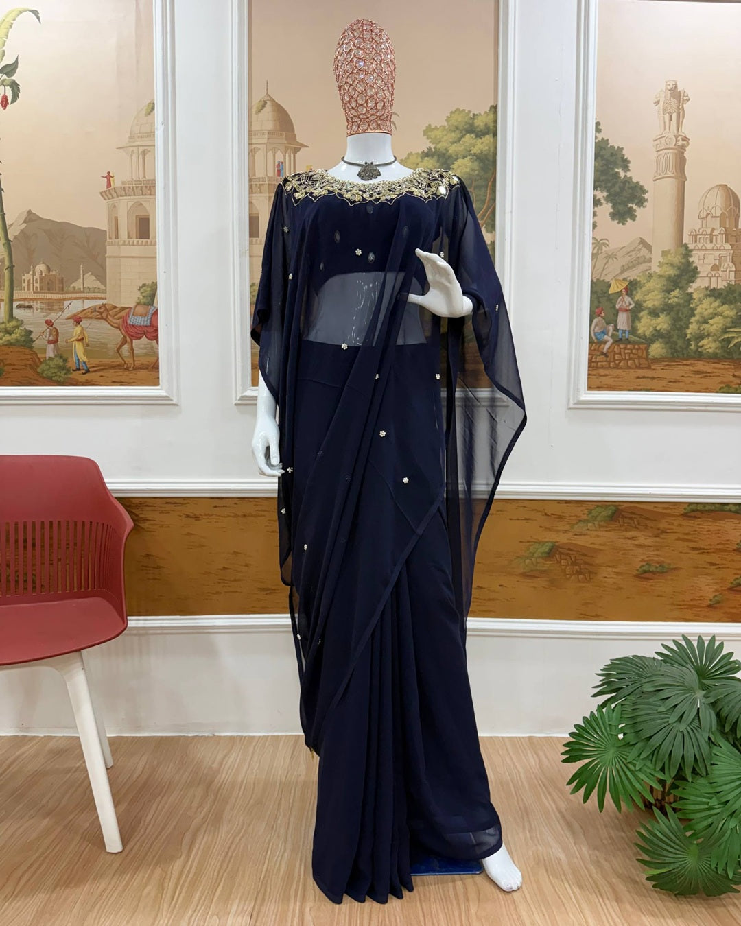 Blue Colour Exclusive Handworked Drape Saree in Faux Georgette with Stitched Blouse