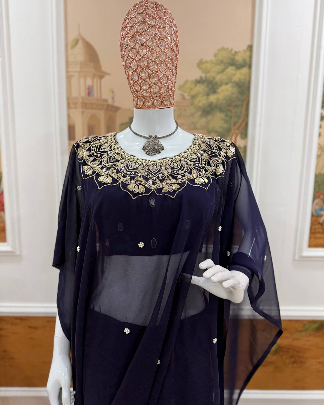 Blue Colour Exclusive Handworked Drape Saree in Faux Georgette with Stitched Blouse