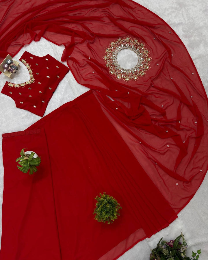 Red Colour Exclusive Handworked Drape Saree in Faux Georgette with Stitched Blouse