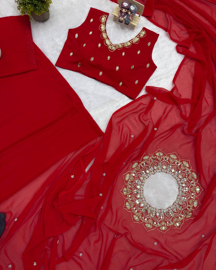 Red Colour Exclusive Handworked Drape Saree in Faux Georgette with Stitched Blouse