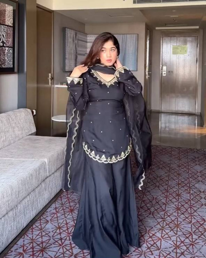 Black Roman Silk 3 Piece Kurti Palazzo Dupatta Set with Embroidery Work