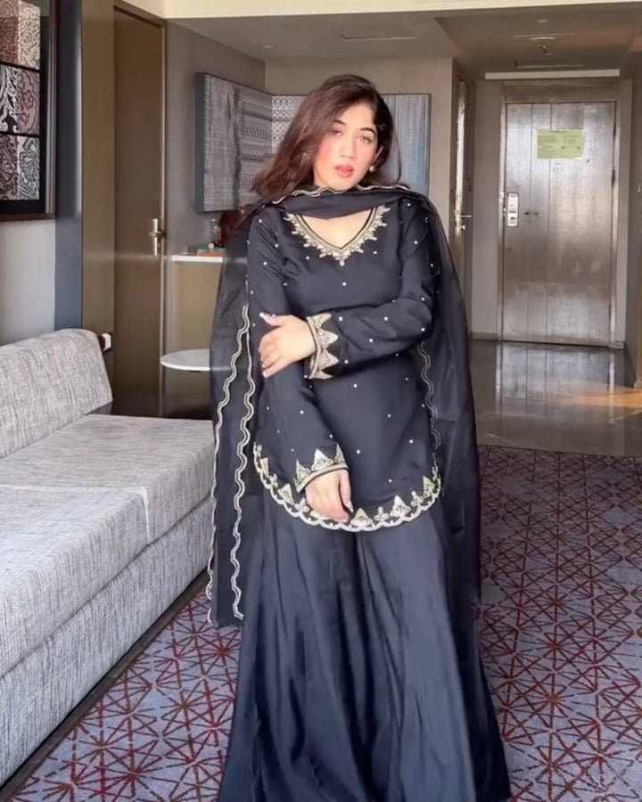 Black Roman Silk 3 Piece Kurti Palazzo Dupatta Set with Embroidery Work