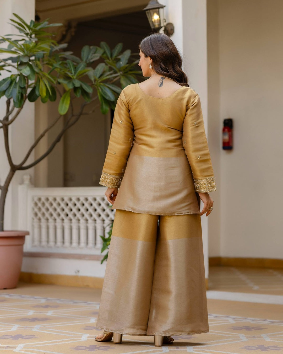 Gold Banarasi Viscose Co-Ord Set with Beads Embroidery Work
