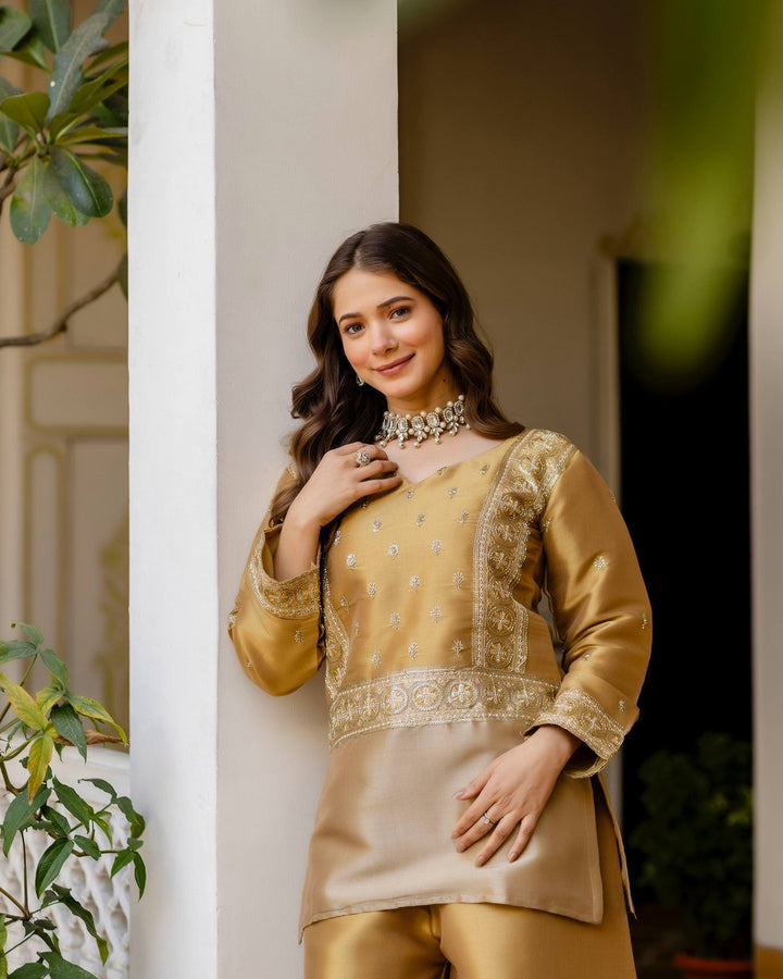 Gold Banarasi Viscose Co-Ord Set with Beads Embroidery Work