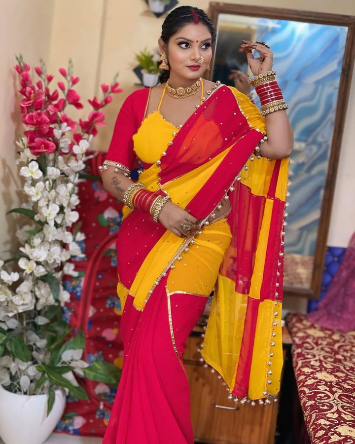 Red & Yellow Georgette Saree with Box Design, Mirror Work & Gotta Lace