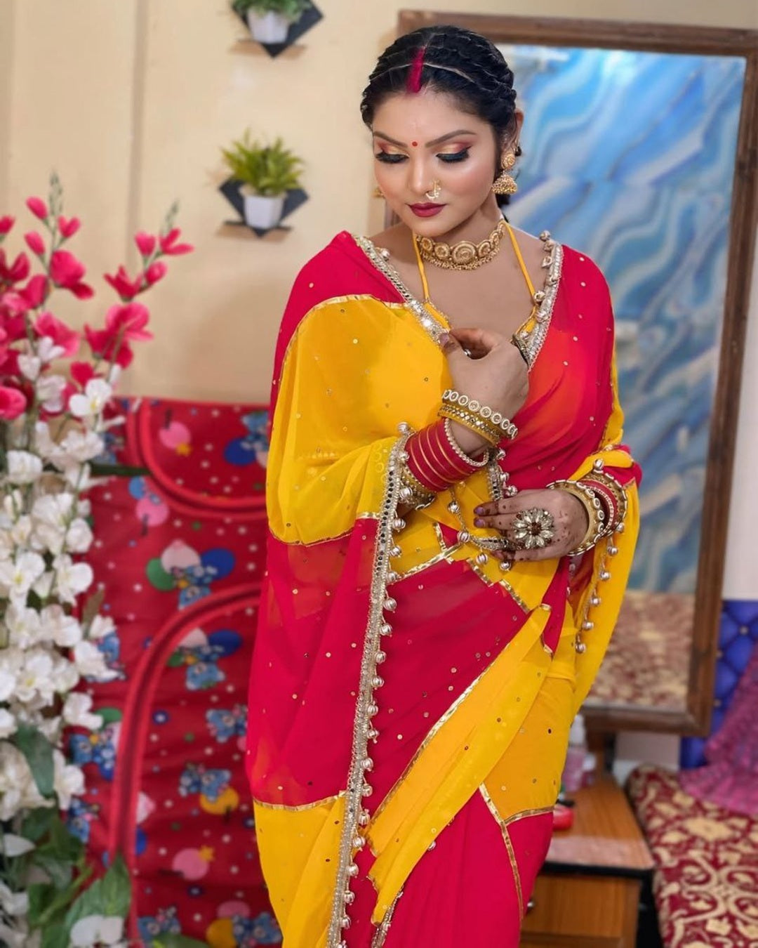 Red & Yellow Georgette Saree with Box Design, Mirror Work & Gotta Lace