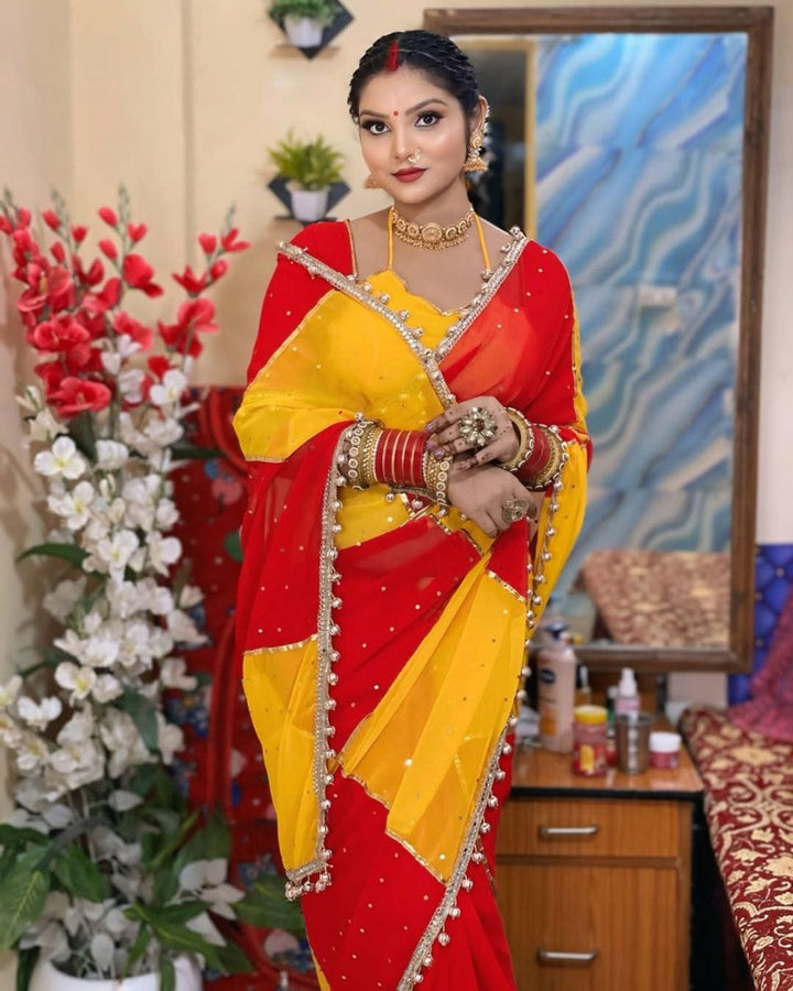 Red & Yellow Georgette Saree with Box Design, Mirror Work & Gotta Lace