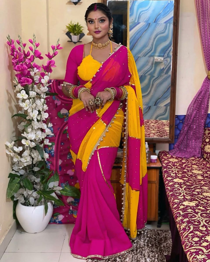 Pink & Yellow Georgette Saree with Box Design, Mirror Work & Gotta Lace