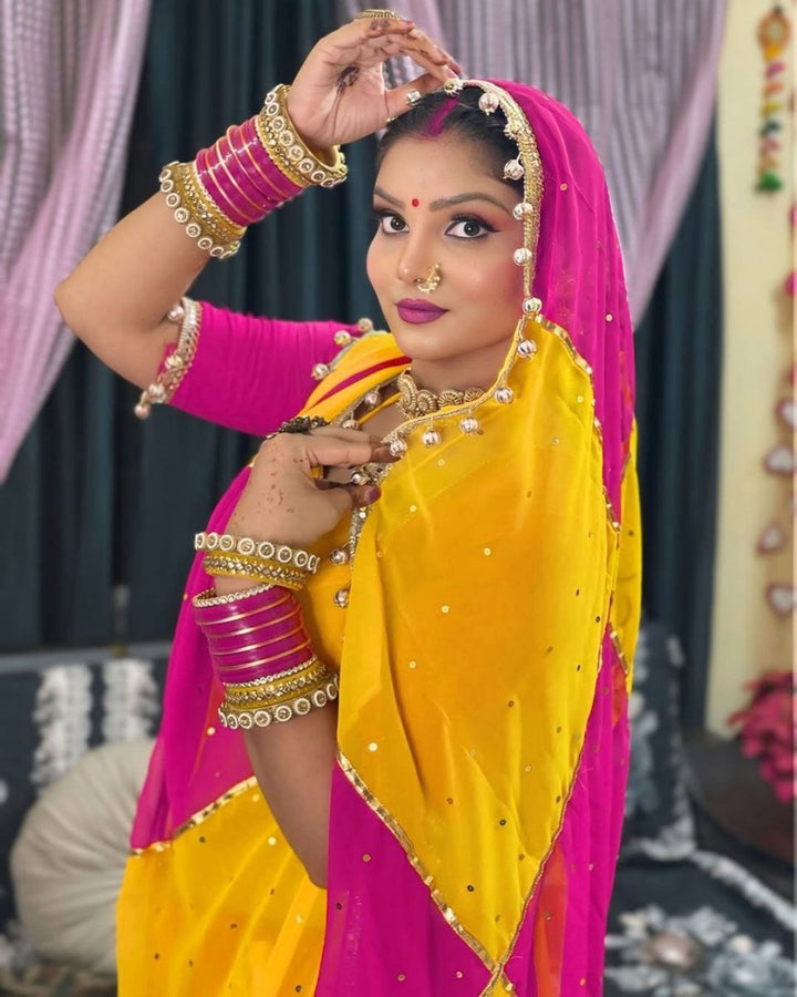 Pink & Yellow Georgette Saree with Box Design, Mirror Work & Gotta Lace