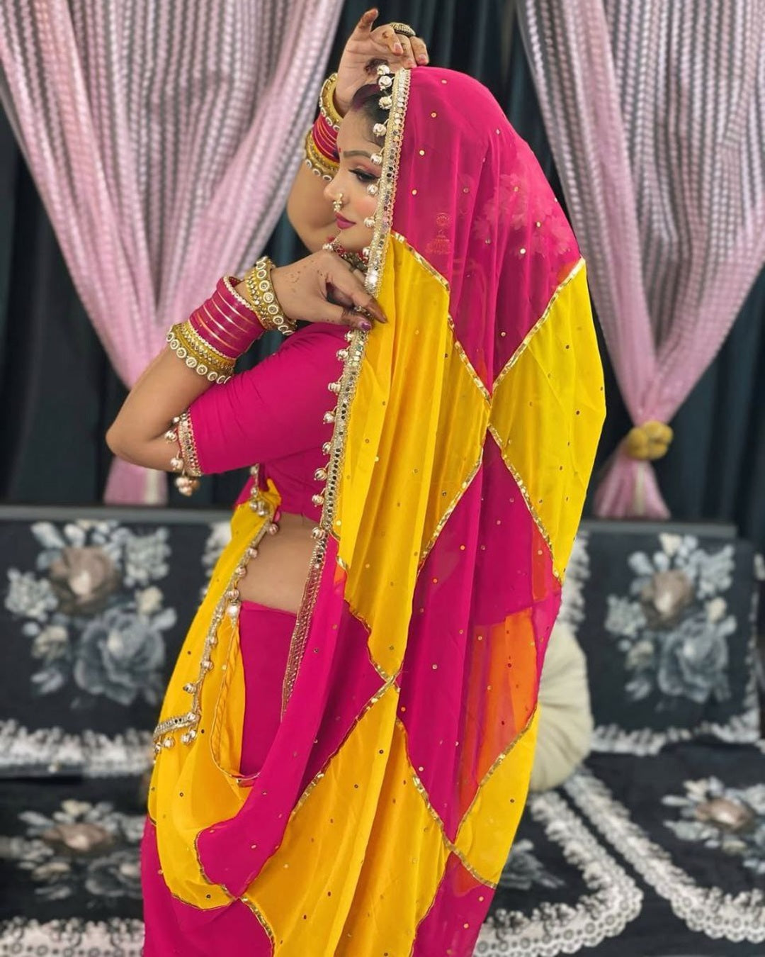 Pink & Yellow Georgette Saree with Box Design, Mirror Work & Gotta Lace