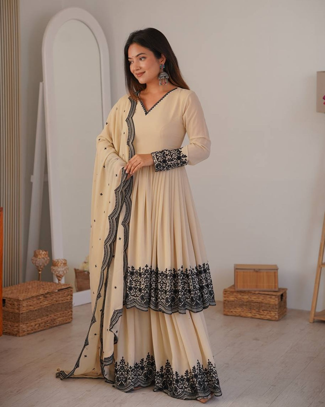 Vanilla Color Faux Georgette Embroidered Palazzo Suit