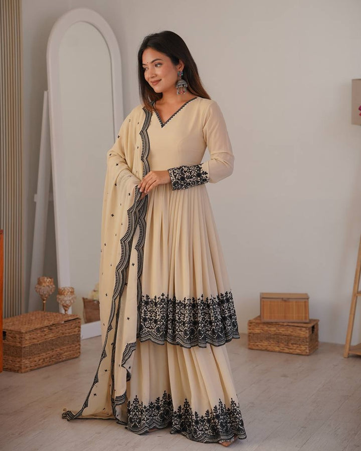 Vanilla Color Faux Georgette Embroidered Palazzo Suit