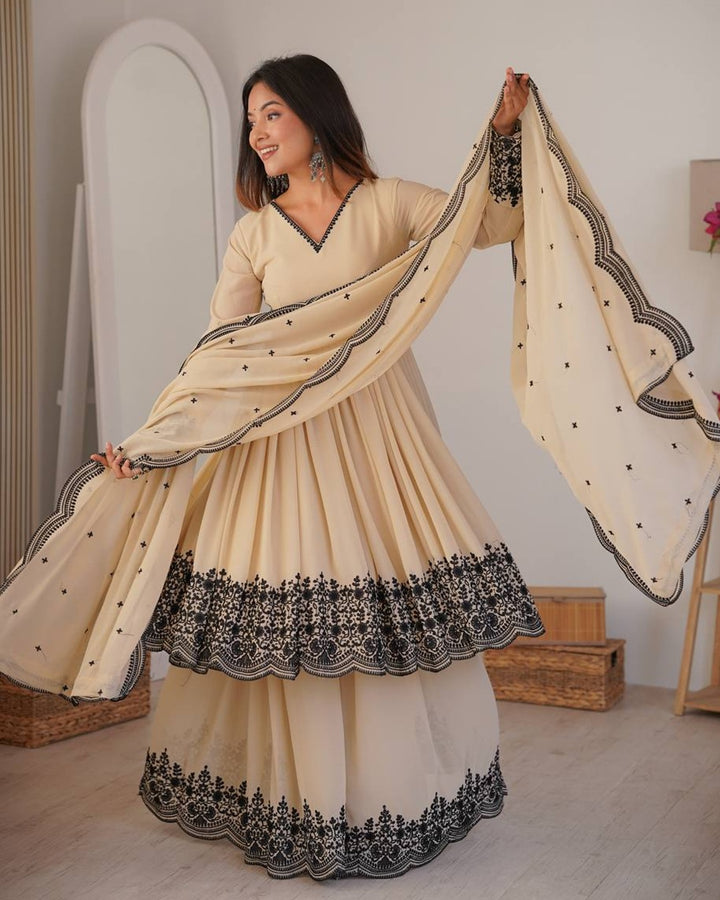 Vanilla Color Faux Georgette Embroidered Palazzo Suit
