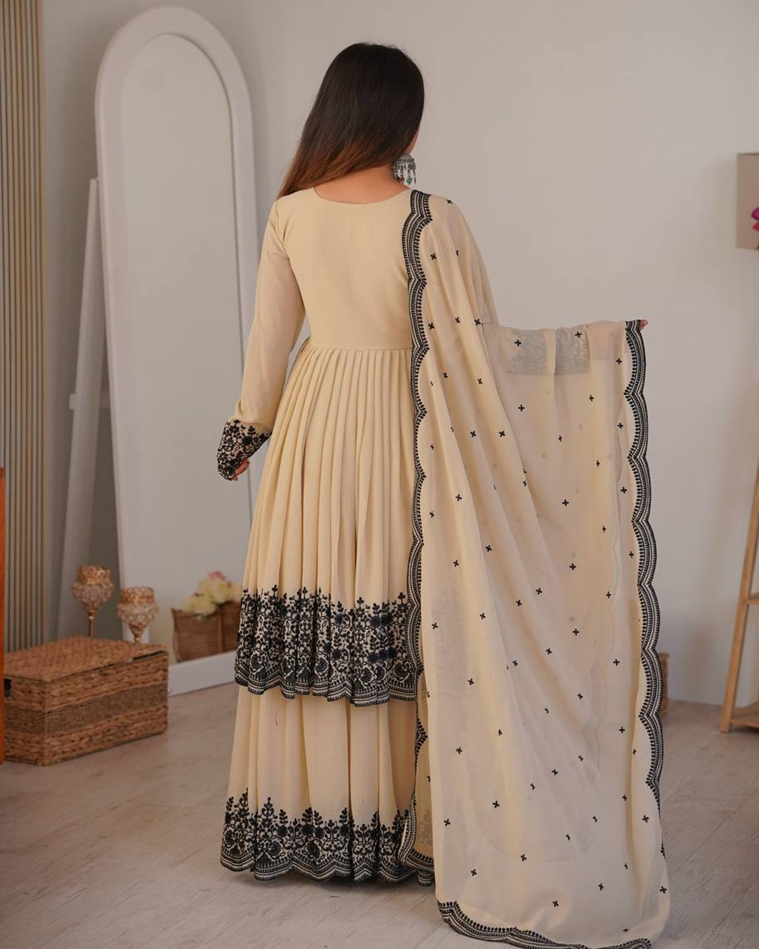 Vanilla Color Faux Georgette Embroidered Palazzo Suit