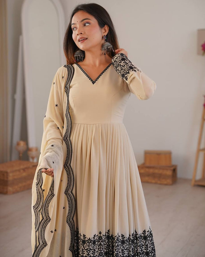 Vanilla Color Faux Georgette Embroidered Palazzo Suit