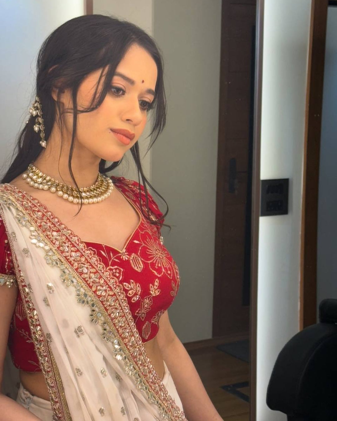 White Georgette Saree with Sequins, Dori Embroidery & Real Mirror Work | Celebrity Inspired Party Wear Saree