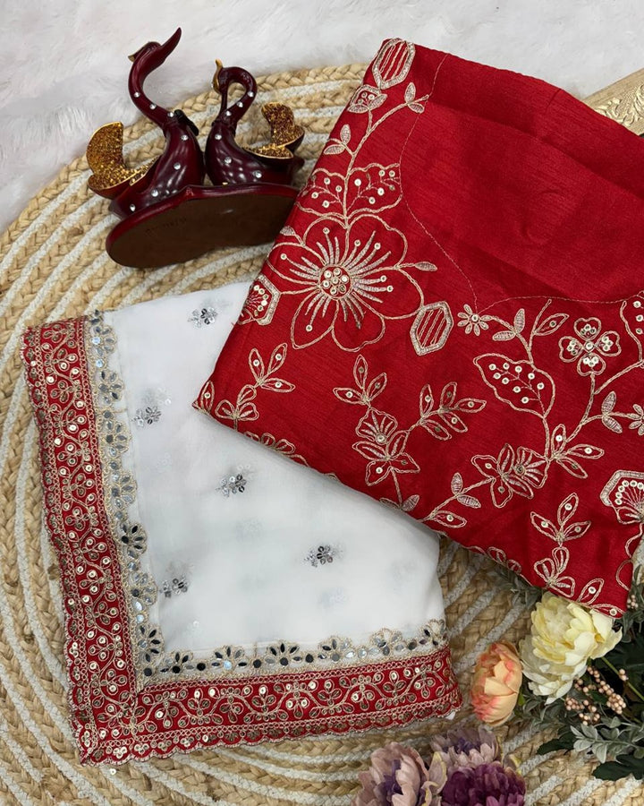 White Georgette Saree with Sequins, Dori Embroidery & Real Mirror Work | Celebrity Inspired Party Wear Saree