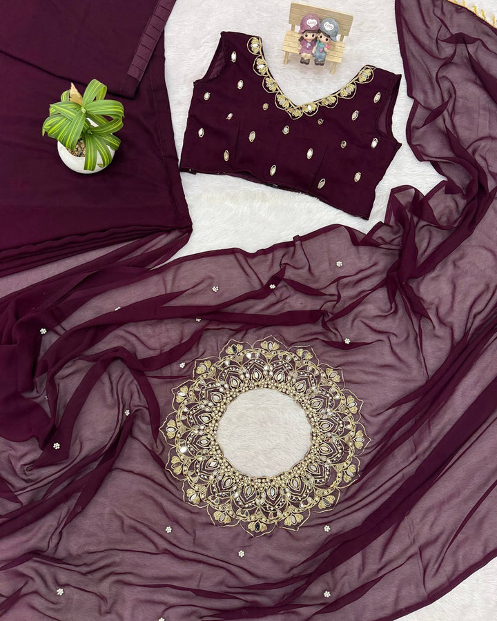 Maroon Colour Exclusive Handworked Drape Saree in Faux Georgette with Stitched Blouse | Designer Party Wear