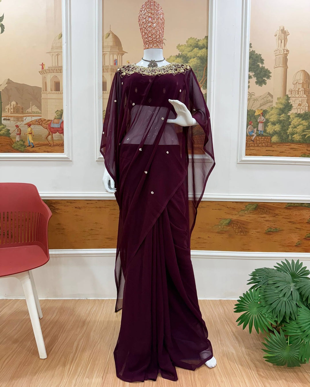 Maroon Colour Exclusive Handworked Drape Saree in Faux Georgette with Stitched Blouse | Designer Party Wear