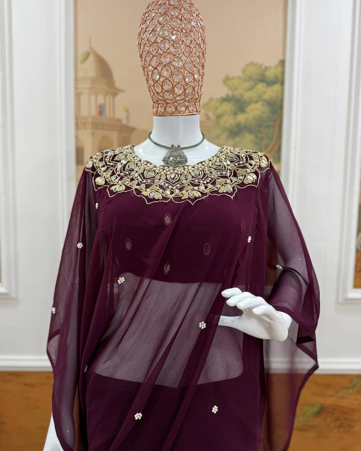 Maroon Colour Exclusive Handworked Drape Saree in Faux Georgette with Stitched Blouse | Designer Party Wear