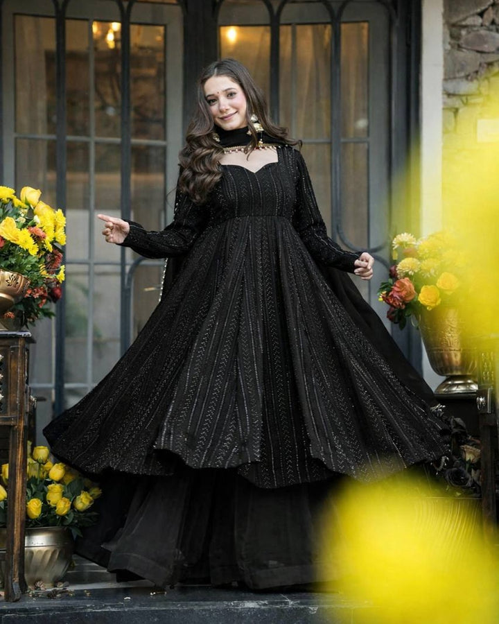 Black Lakhnavi Embroidered Anarkali Suit Set – Elegant Festive & Party Wear Ethnic Outfit