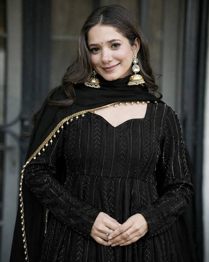 Black Lakhnavi Embroidered Anarkali Suit Set – Elegant Festive & Party Wear Ethnic Outfit