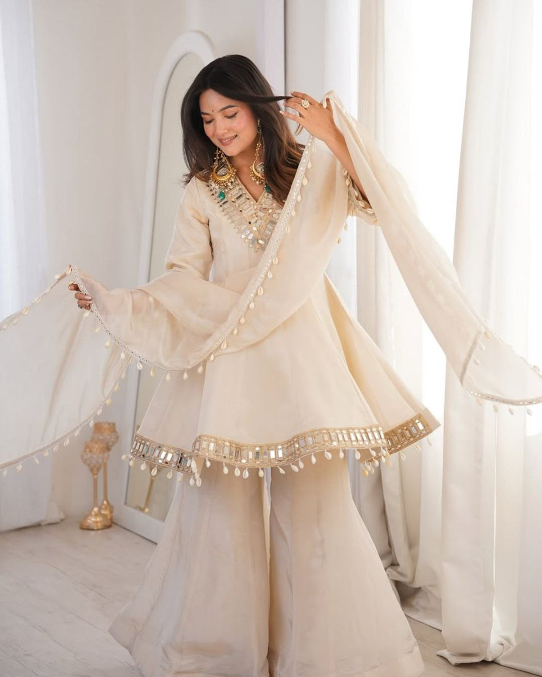 Ivory Royal Sheeshmahal Palazzo Suit Set – Elegant Festive Designer Ethnic Wear