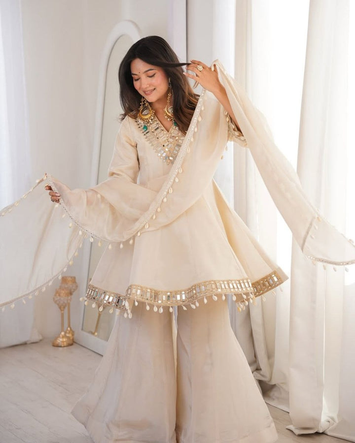 Ivory Royal Sheeshmahal Palazzo Suit Set – Elegant Festive Designer Ethnic Wear