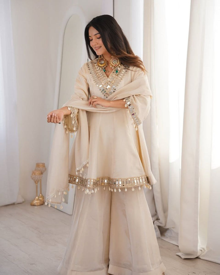 Ivory Royal Sheeshmahal Palazzo Suit Set – Elegant Festive Designer Ethnic Wear