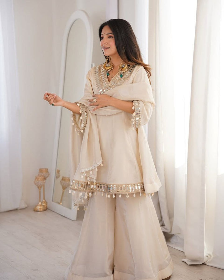 Ivory Royal Sheeshmahal Palazzo Suit Set – Elegant Festive Designer Ethnic Wear