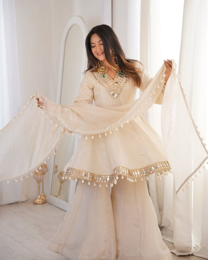 Ivory Royal Sheeshmahal Palazzo Suit Set – Elegant Festive Designer Ethnic Wear