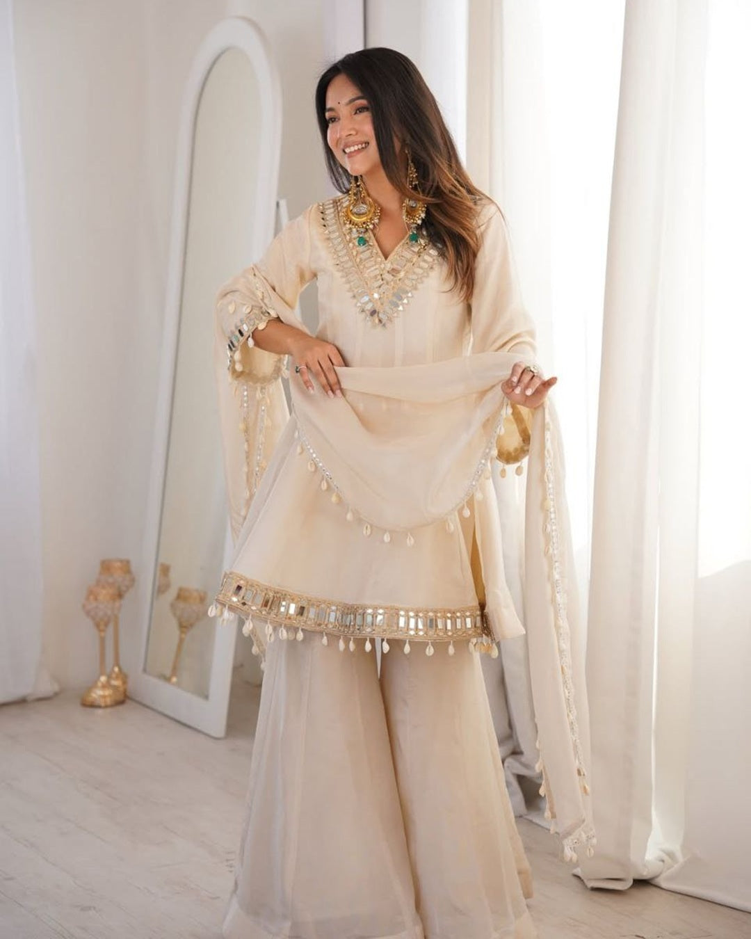 Ivory Royal Sheeshmahal Palazzo Suit Set – Elegant Festive Designer Ethnic Wear