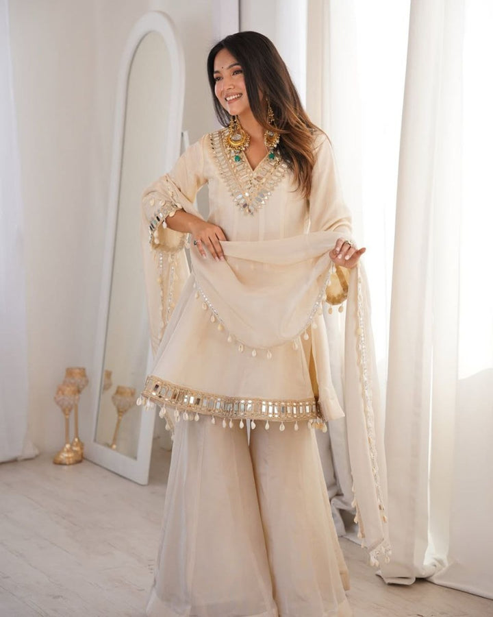 Ivory Royal Sheeshmahal Palazzo Suit Set – Elegant Festive Designer Ethnic Wear