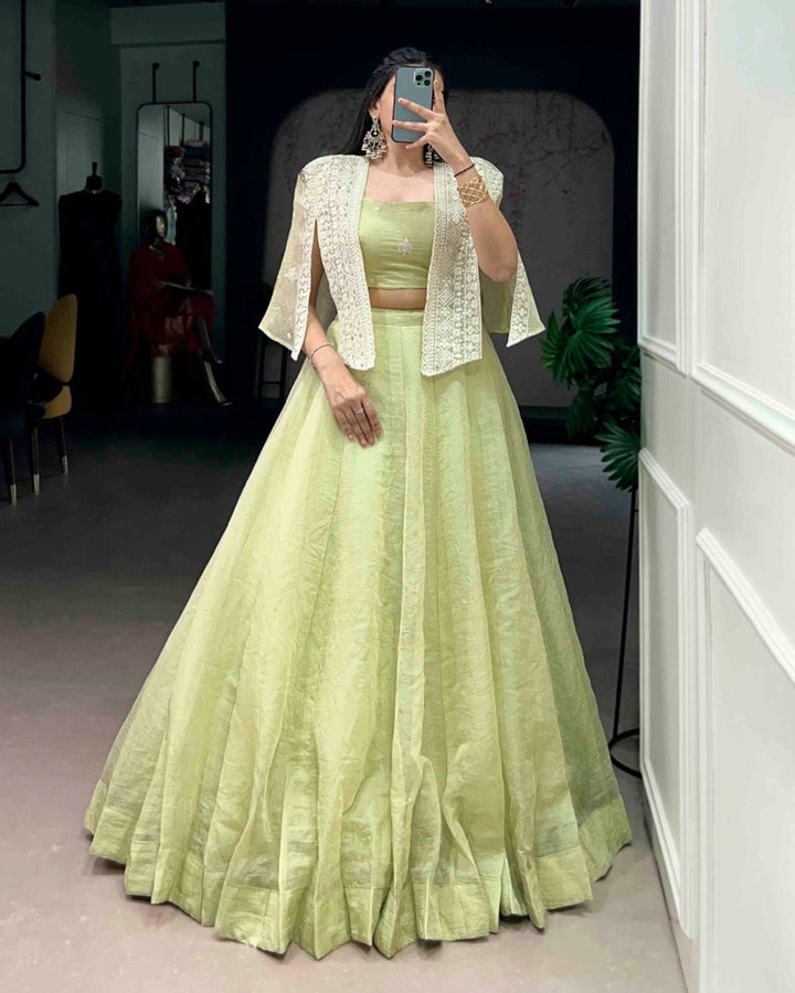 Pista Green Crush Fabric Embroidered Lehenga Choli with Dupatta