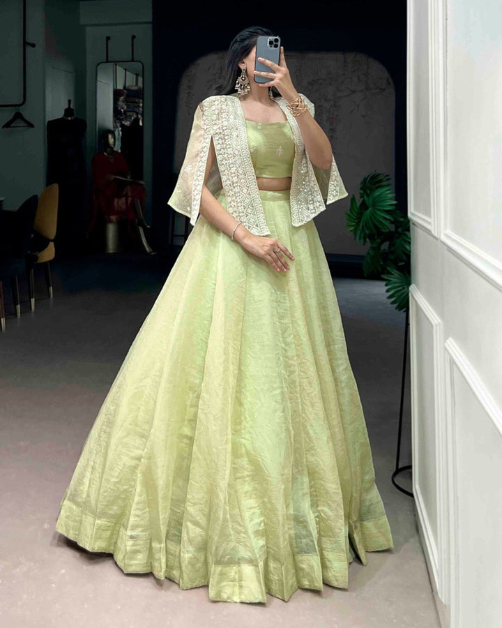 Pista Green Crush Fabric Embroidered Lehenga Choli with Dupatta