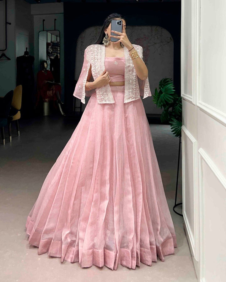 Peach Pink Color Allover Crush Embroidered Lehenga Choli – Designer Wedding & Festive Wear