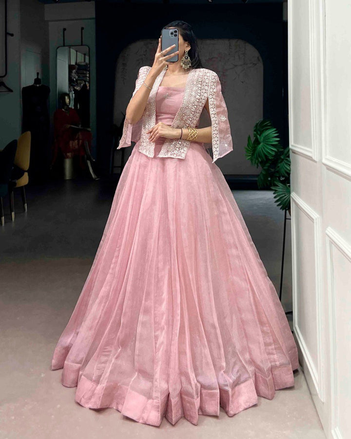 Peach Pink Color Allover Crush Embroidered Lehenga Choli – Designer Wedding & Festive Wear