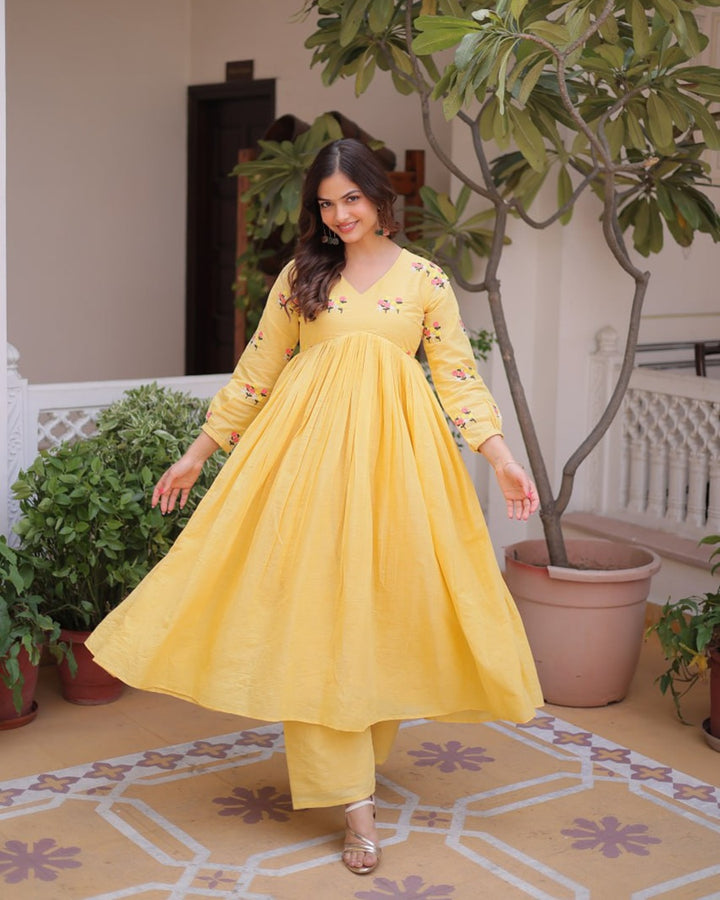 Yellow Color Pure Cotton Embroidered Kurti Suit – Comfortable Daily & Festive Wear
