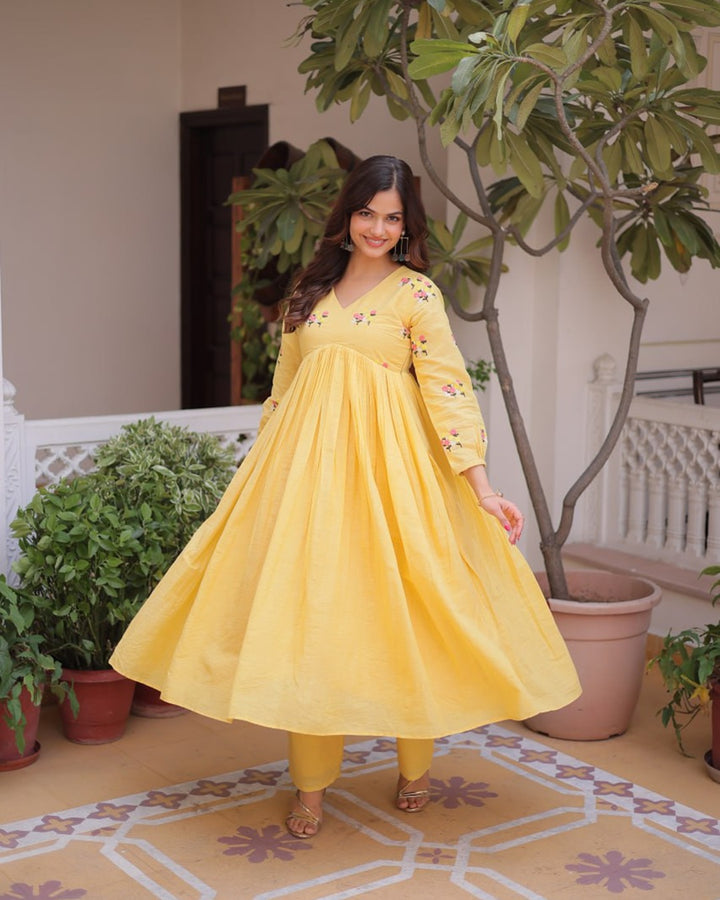 Yellow Color Pure Cotton Embroidered Kurti Suit – Comfortable Daily & Festive Wear