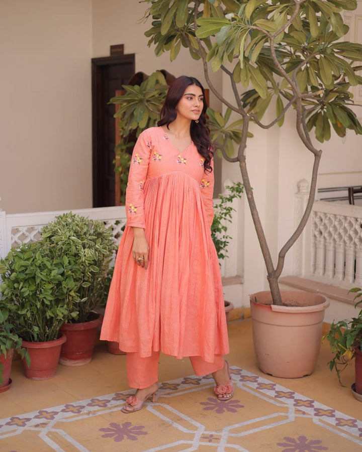 Peach Color Pure Cotton Embroidered Kurti Suit – Elegant Daily & Festive Wear