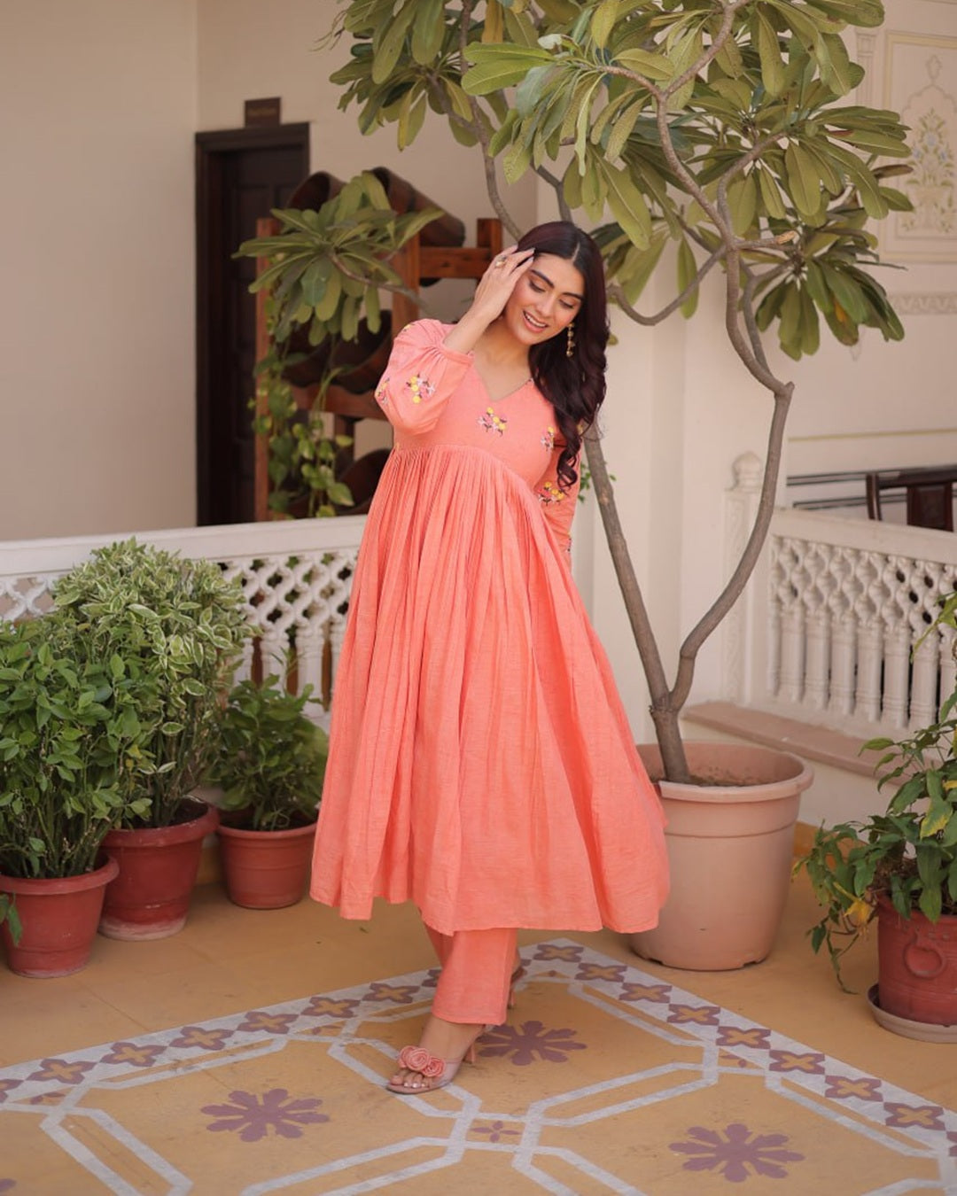 Peach Color Pure Cotton Embroidered Kurti Suit – Elegant Daily & Festive Wear