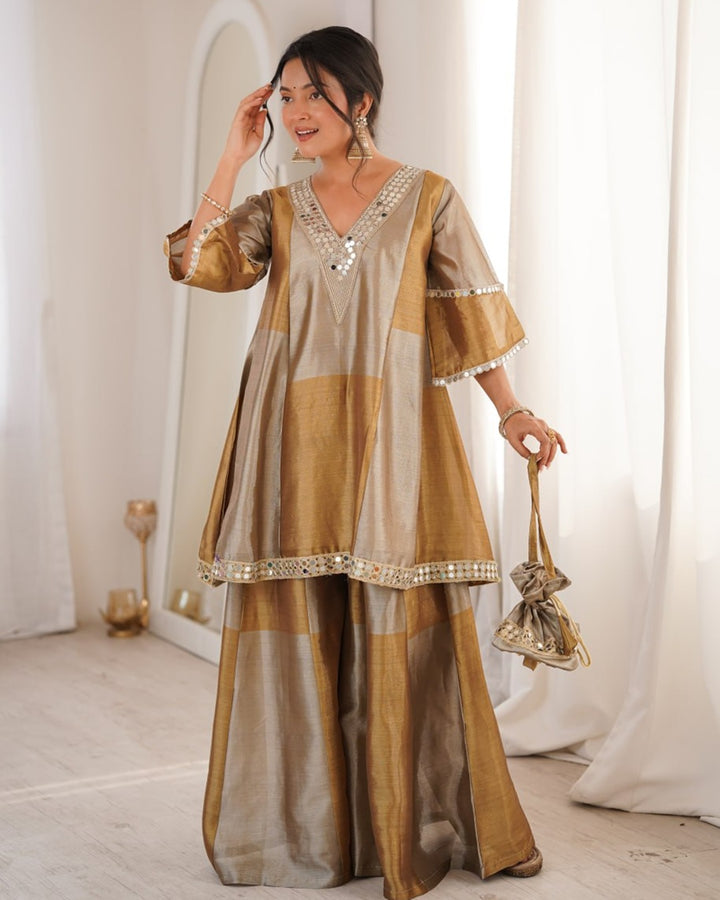 Grey Color Two-Tone Tissue Silk Palazzo Suit – Elegant Festive & Party Wear