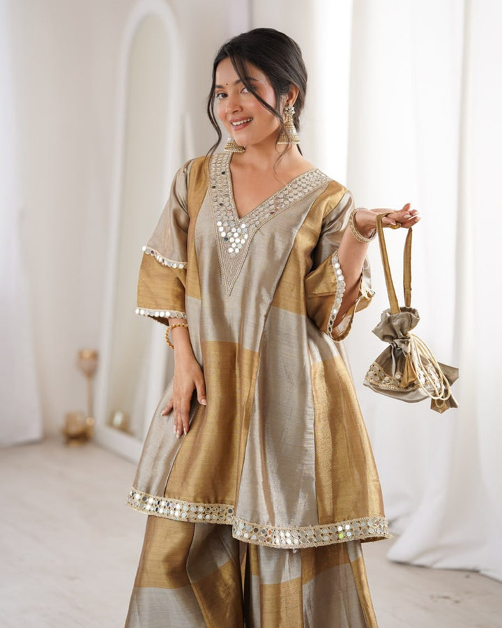 Grey Color Two-Tone Tissue Silk Palazzo Suit – Elegant Festive & Party Wear
