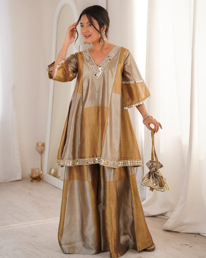 Grey Color Two-Tone Tissue Silk Palazzo Suit – Elegant Festive & Party Wear