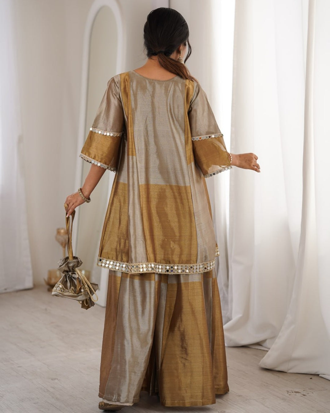 Grey Color Two-Tone Tissue Silk Palazzo Suit – Elegant Festive & Party Wear