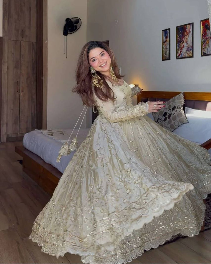 Ivory Chinon Silk Anarkali Suit with Embroidery Zari, Multi Sequins Work & Dori Latkan – Elegant Festive Party Wear