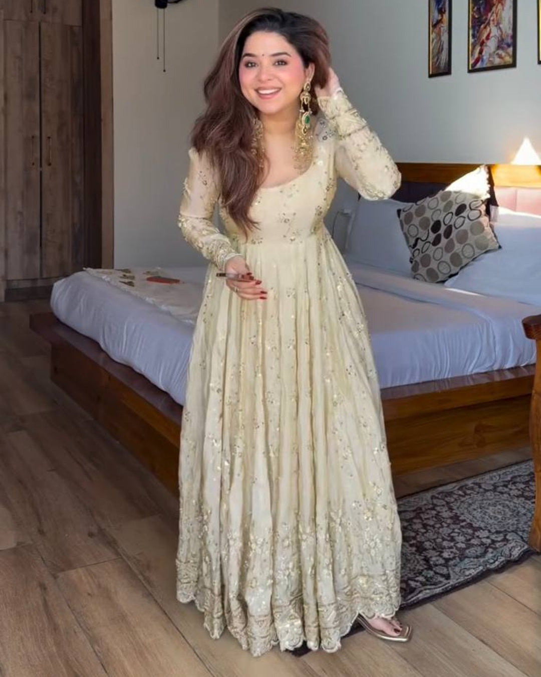 Ivory Chinon Silk Anarkali Suit with Embroidery Zari, Multi Sequins Work & Dori Latkan – Elegant Festive Party Wear