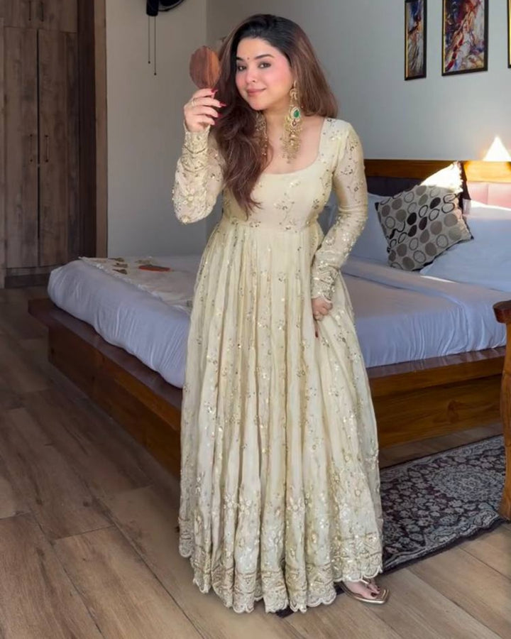 Ivory Chinon Silk Anarkali Suit with Embroidery Zari, Multi Sequins Work & Dori Latkan – Elegant Festive Party Wear